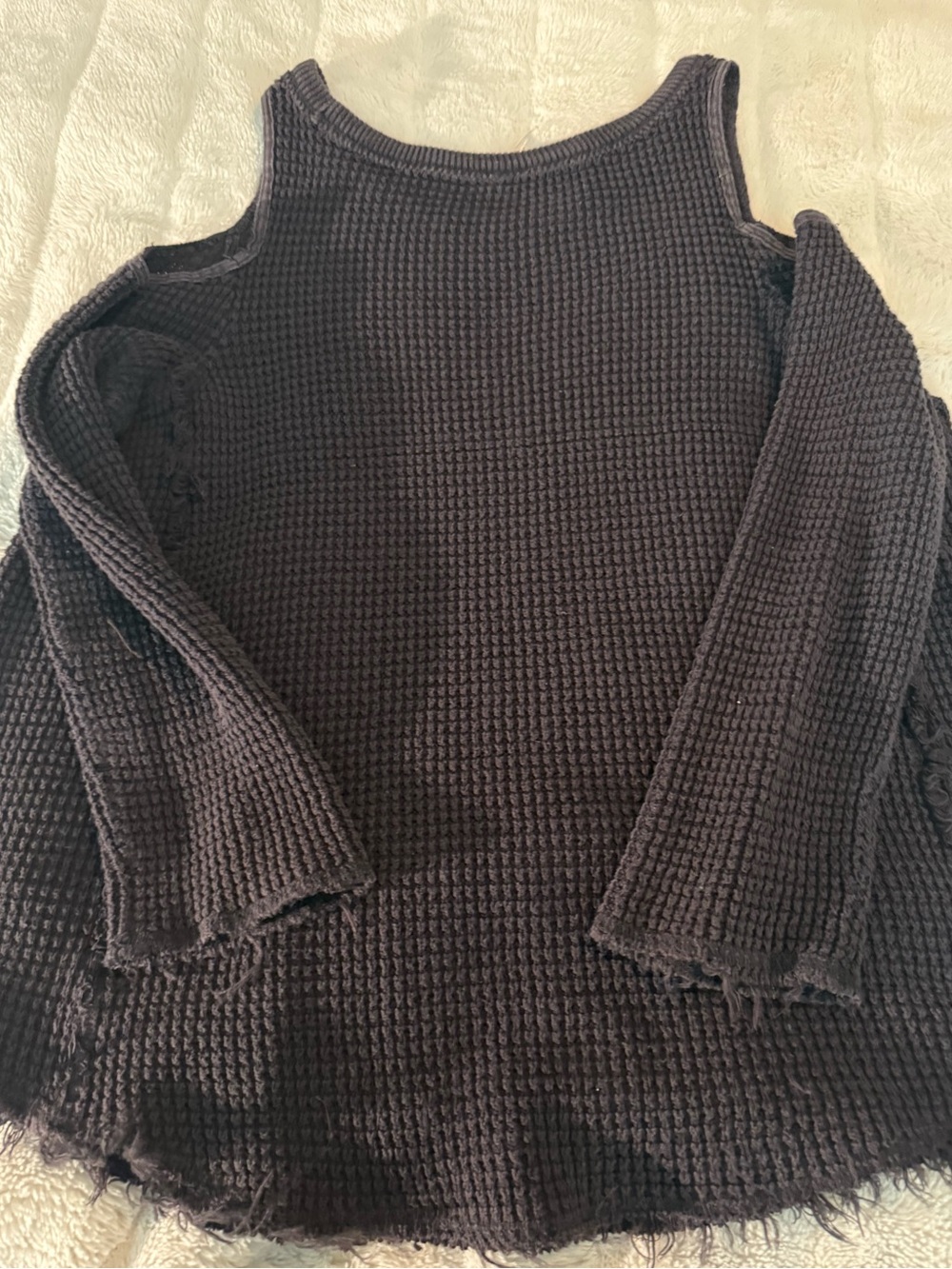 Free People Faded Black Waffle Knit Cold Shoulder Long Sleeve Top Size L - Picture 4 of 9